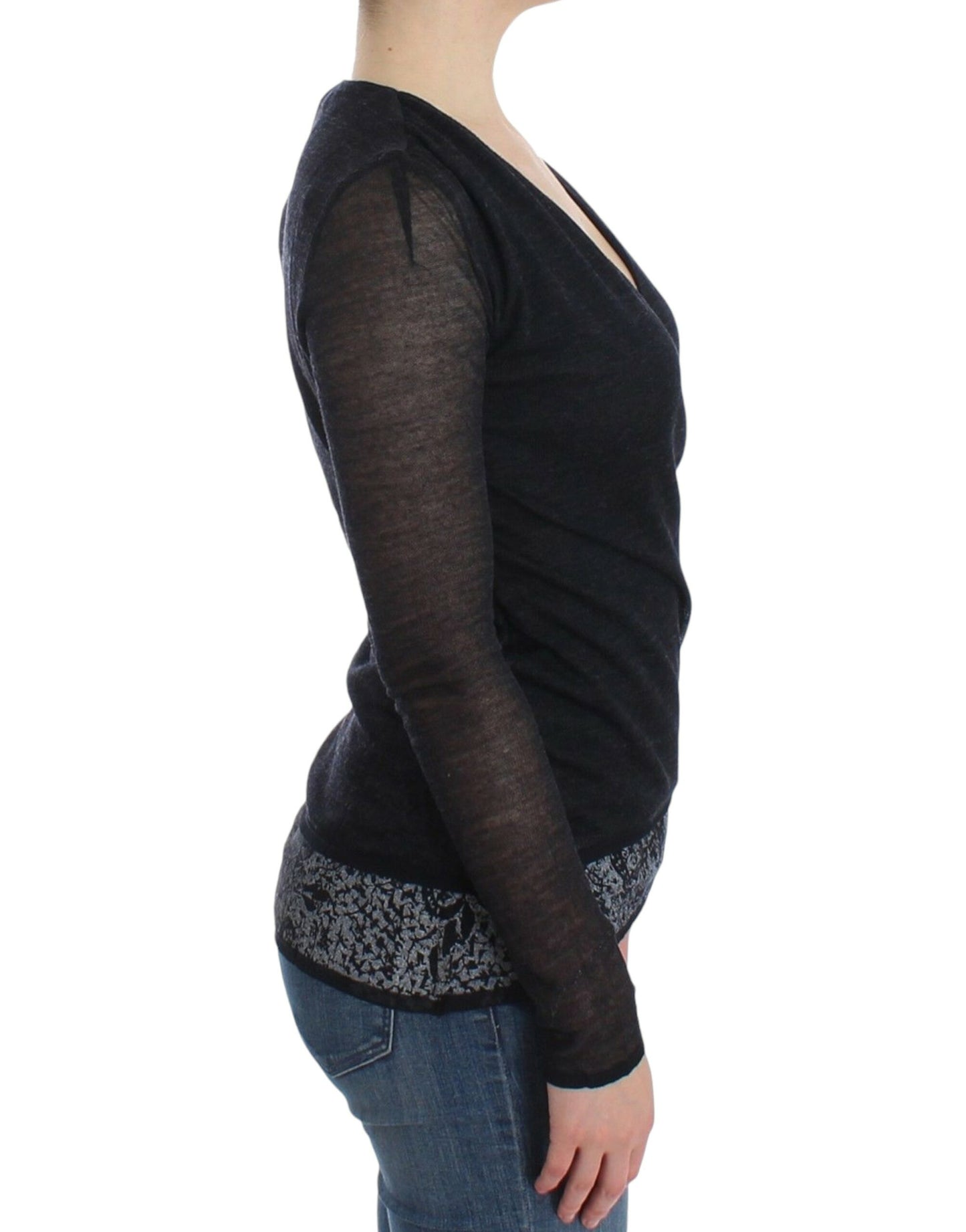 Schwarzer, langärmliger Stretchpullover aus Wollmischung