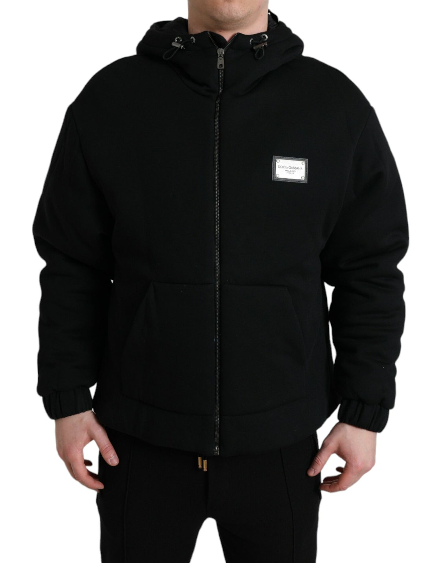 Schwarze Bomberjacke aus Baumwolle mit Kapuze und Logo
