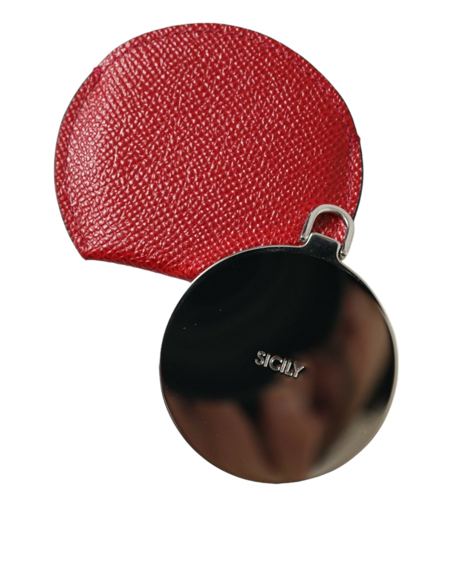 Handspiegelhalter aus rotem Kalbsleder mit rundem Logo