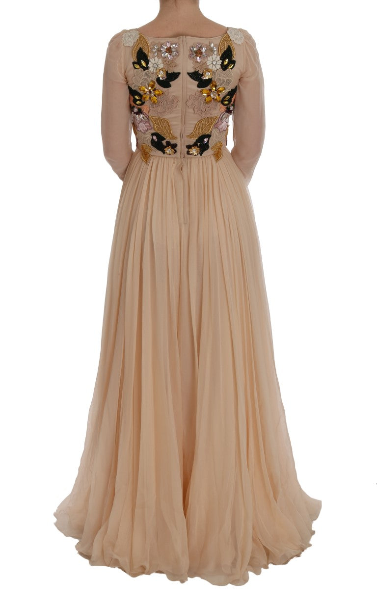 Rosa Seiden-Maxikleid mit Blumenmuster und Kristallen