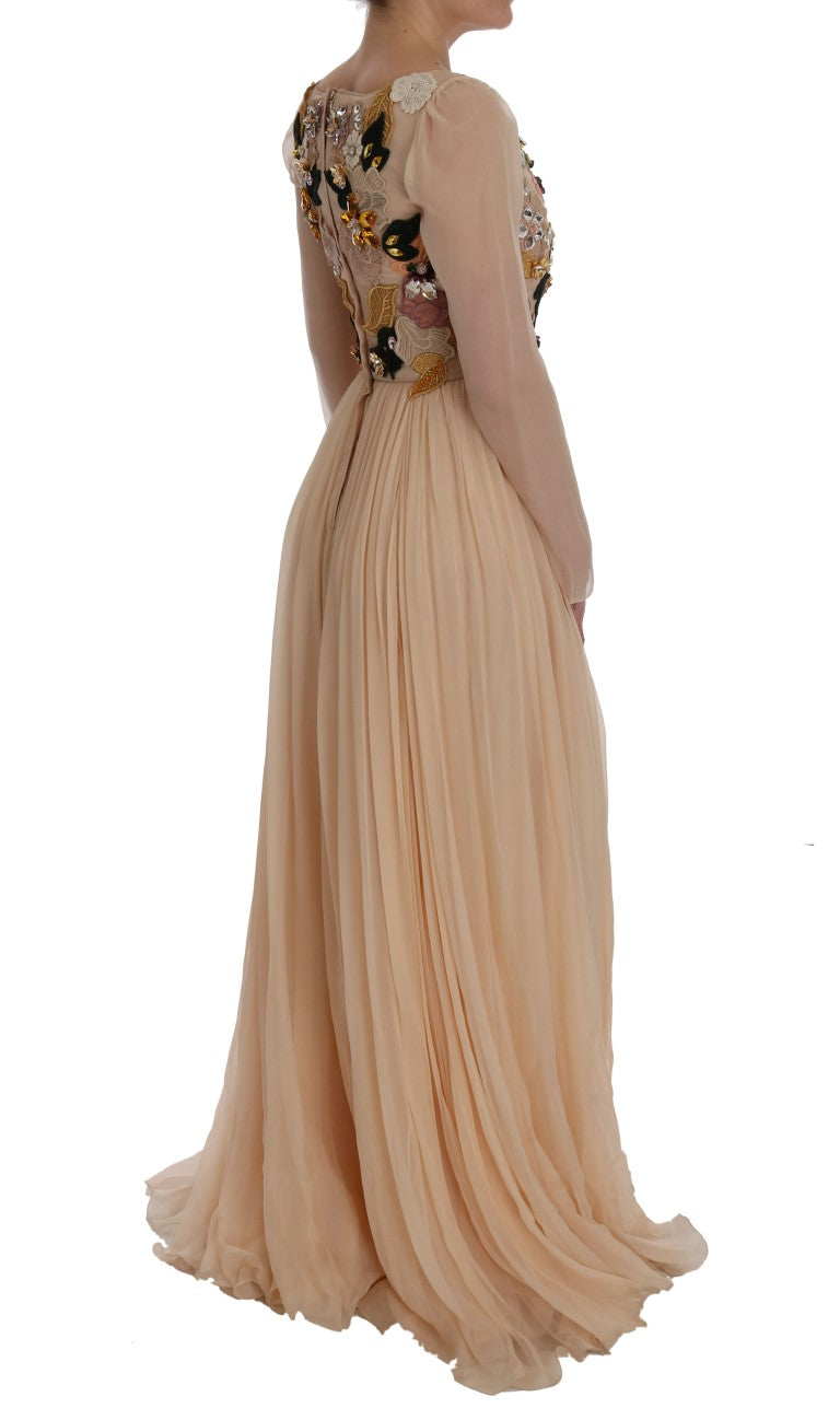 Rosa Seiden-Maxikleid mit Blumenmuster und Kristallen