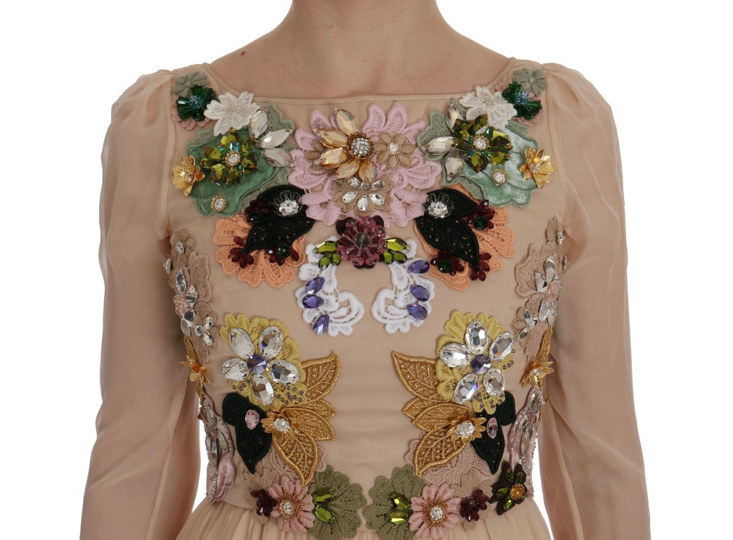 Rosa Seiden-Maxikleid mit Blumenmuster und Kristallen