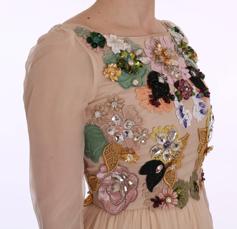 Rosa Seiden-Maxikleid mit Blumenmuster und Kristallen