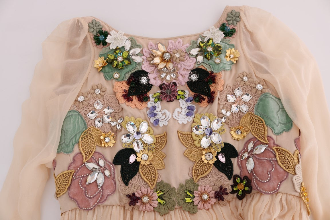 Rosa Seiden-Maxikleid mit Blumenmuster und Kristallen