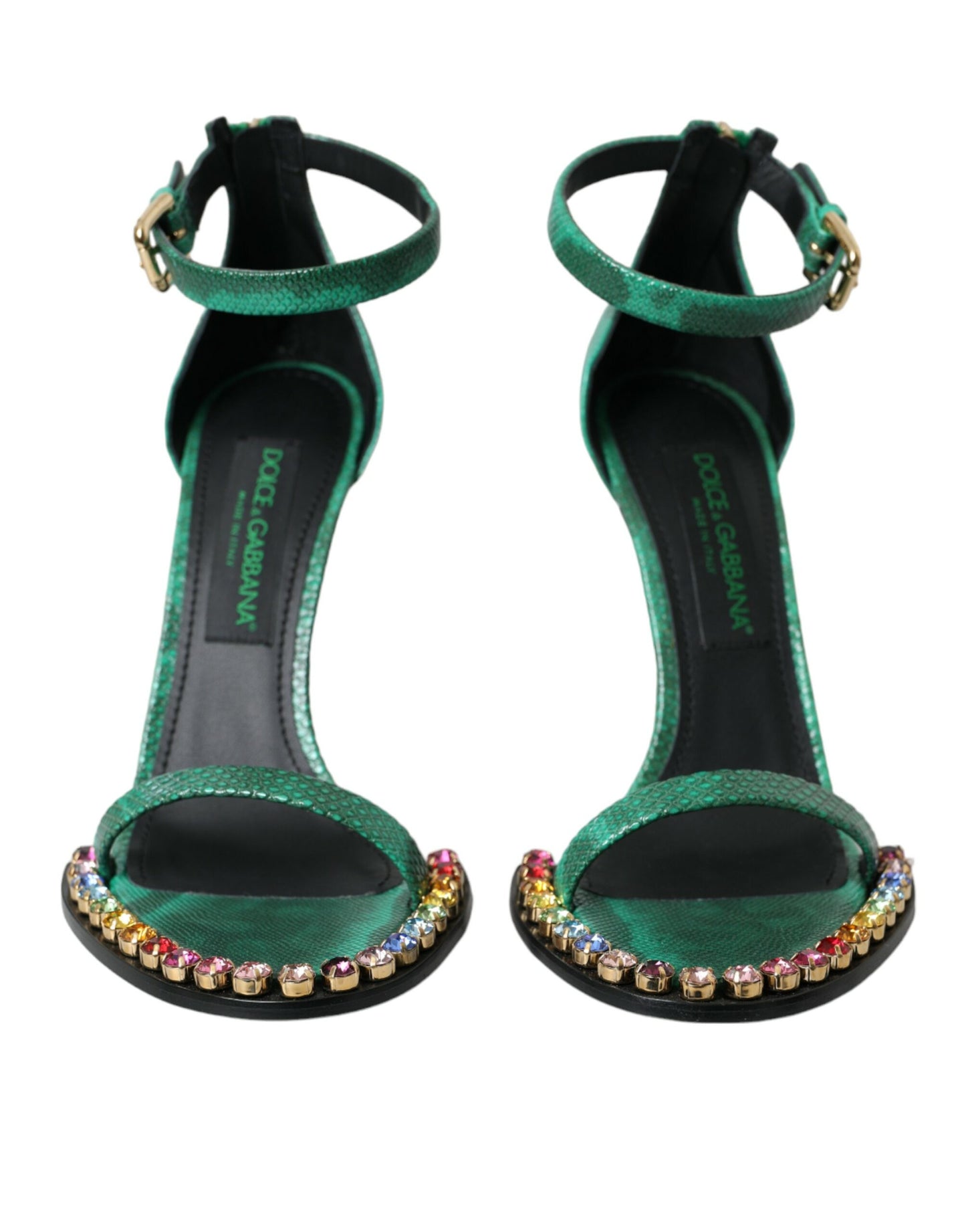 Grüne Sandalen aus exotischem Leder mit Kristallen
