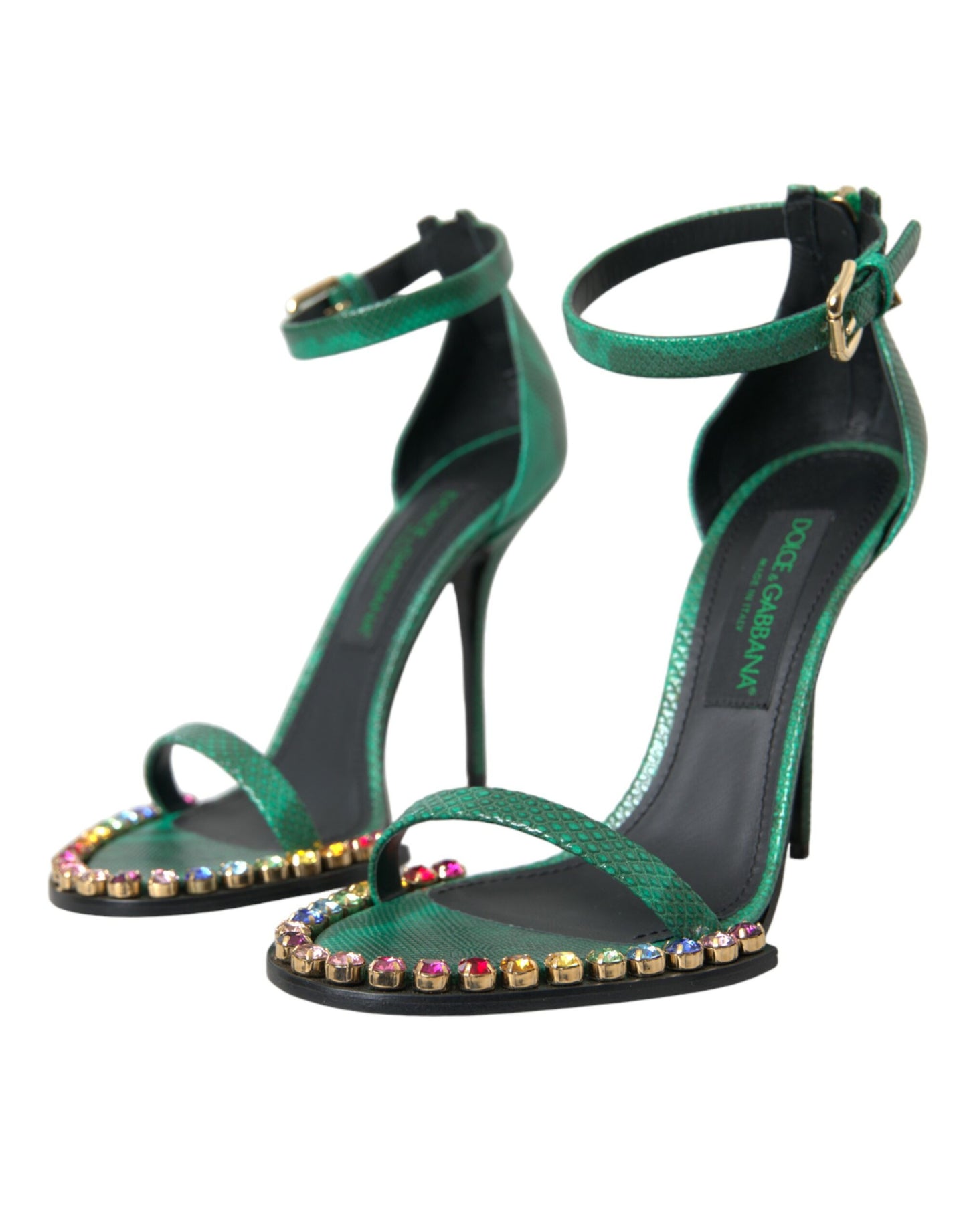 Grüne Sandalen aus exotischem Leder mit Kristallen