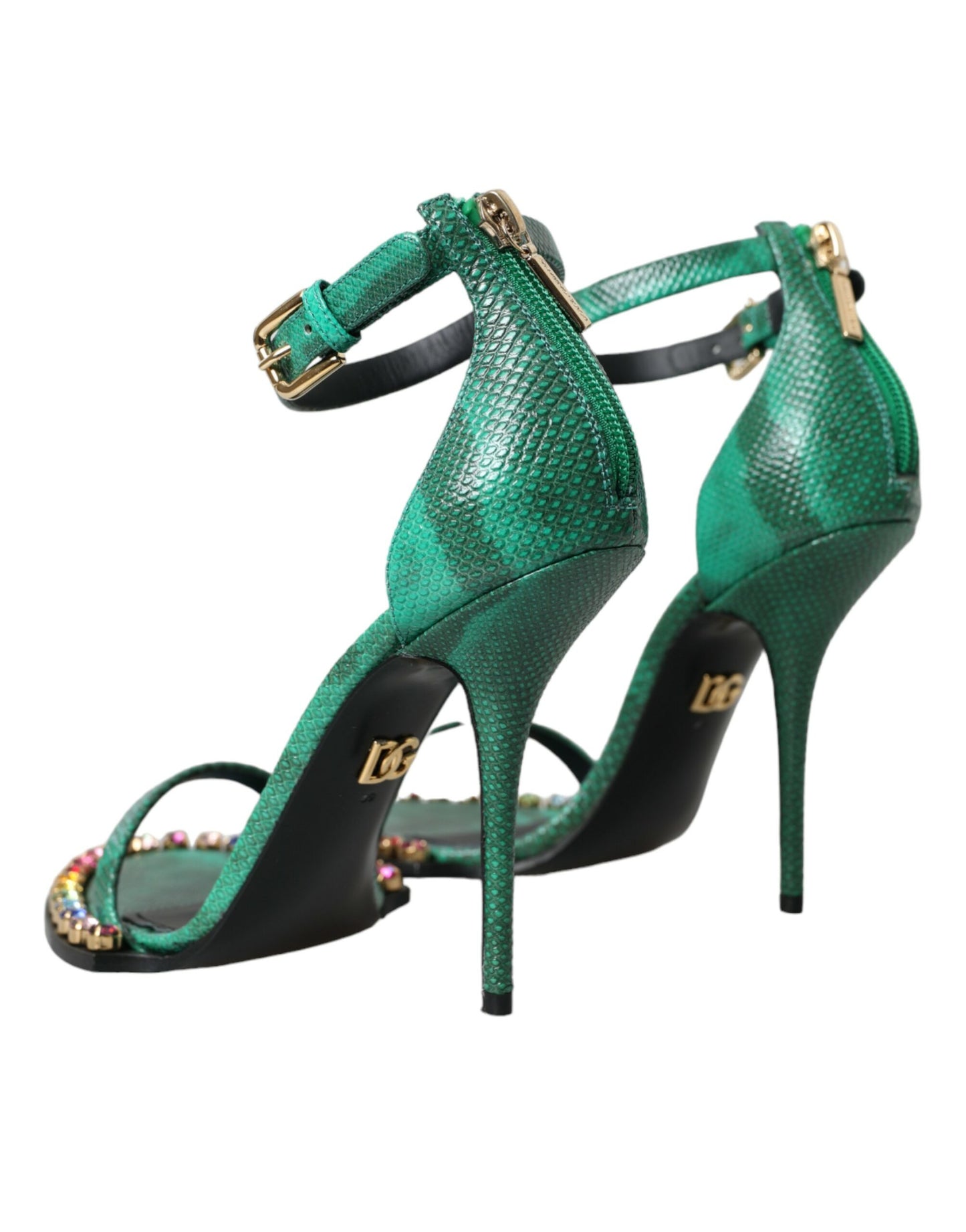 Grüne Sandalen aus exotischem Leder mit Kristallen