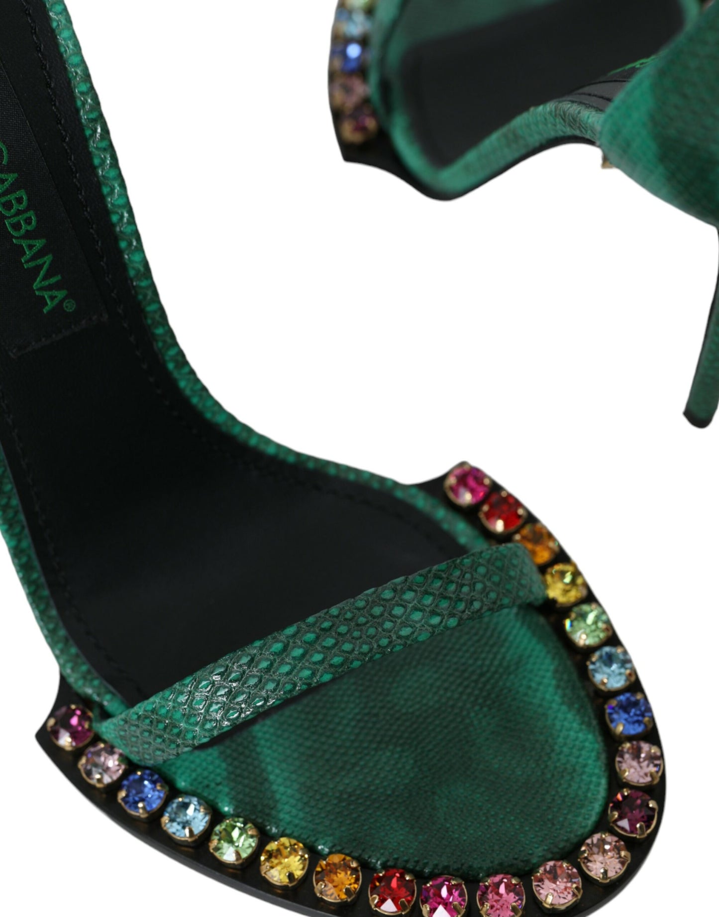 Grüne Sandalen aus exotischem Leder mit Kristallen