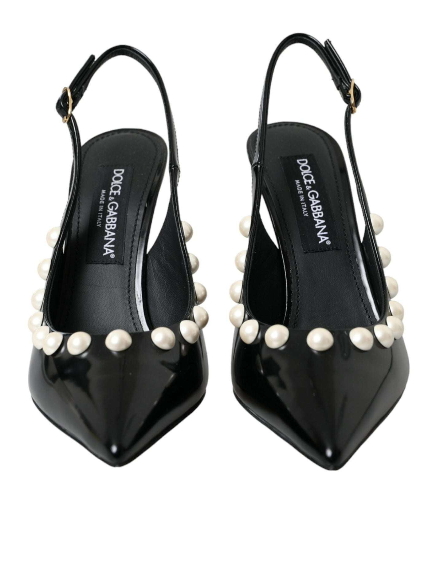 Schwarze Slingback-Schuhe aus Leder mit Kunstperlenabsatz