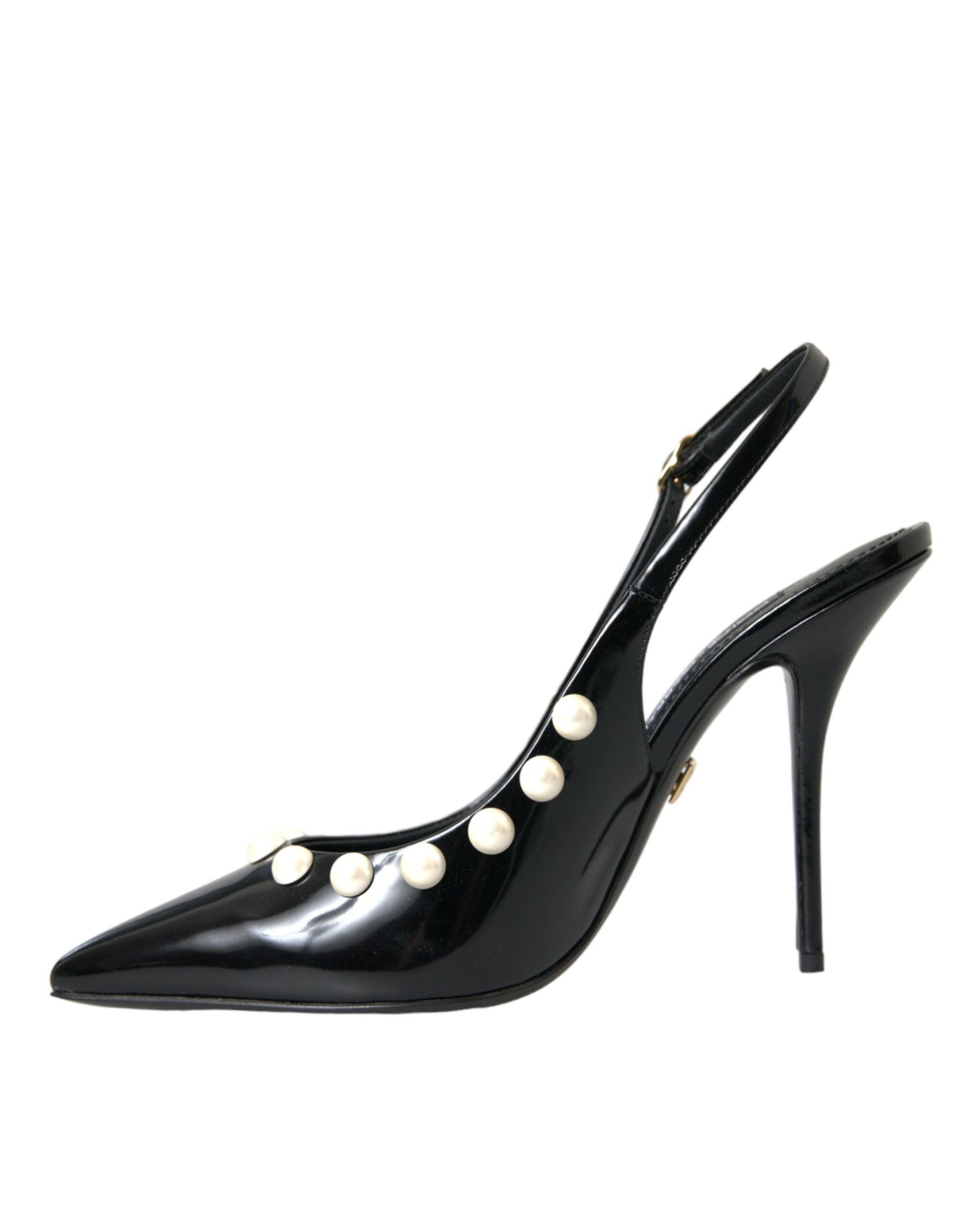 Schwarze Slingback-Schuhe aus Leder mit Kunstperlenabsatz