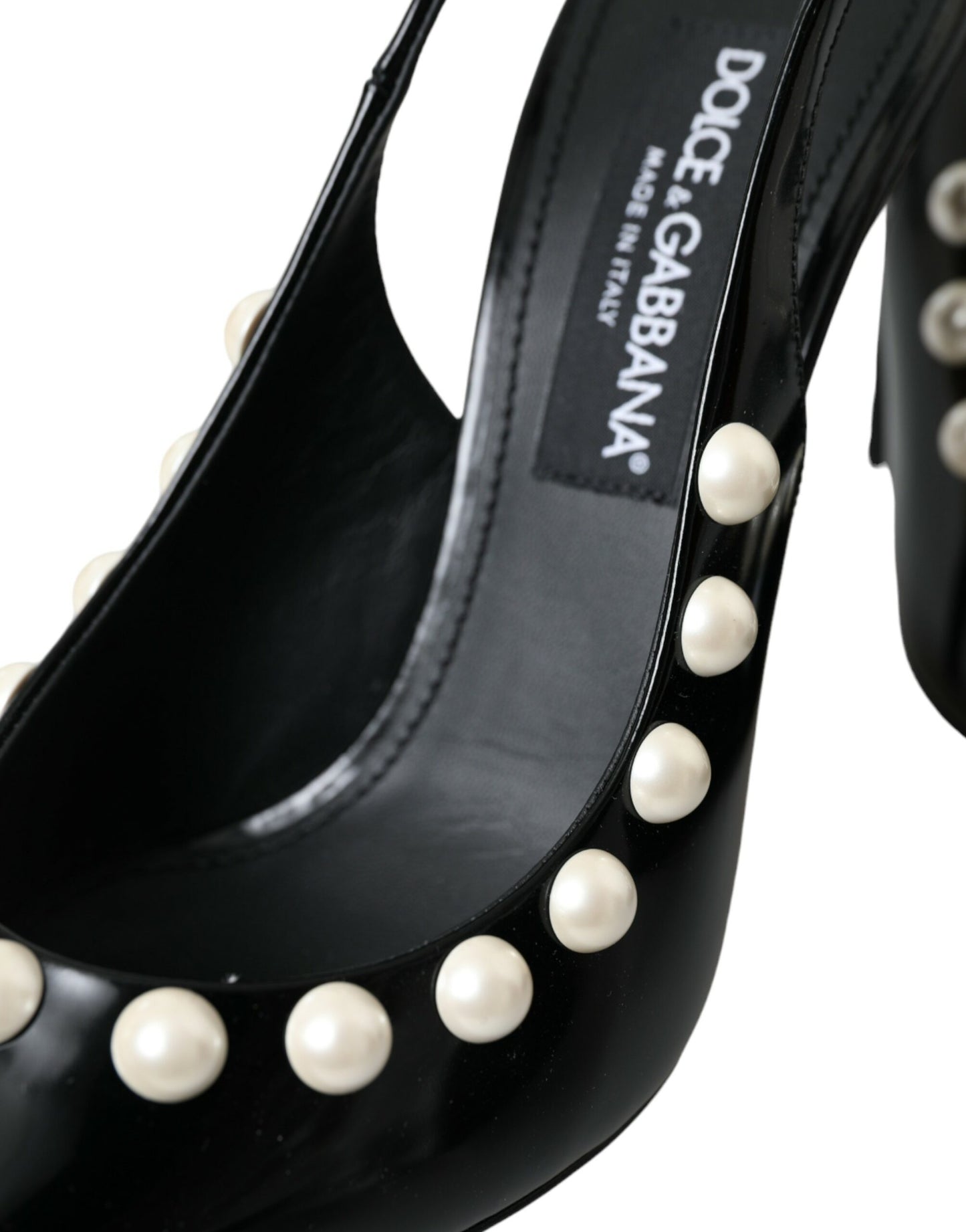 Schwarze Slingback-Schuhe aus Leder mit Kunstperlenabsatz