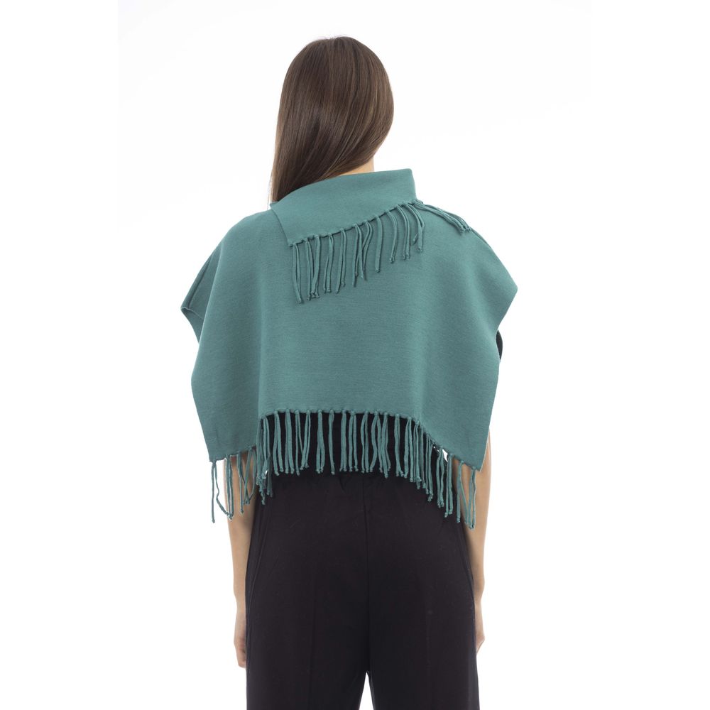 Grüner Damenponcho aus Wolle mit Fransen