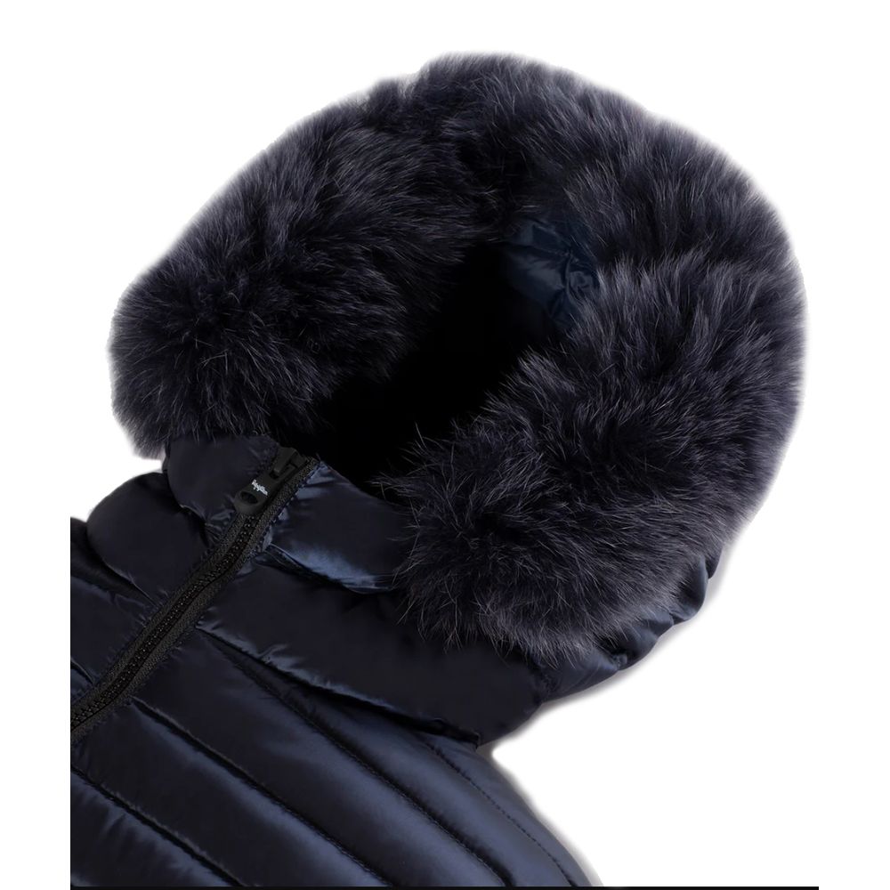 Blue Nylon Women Jacket with Feather Padding and Fur Hood