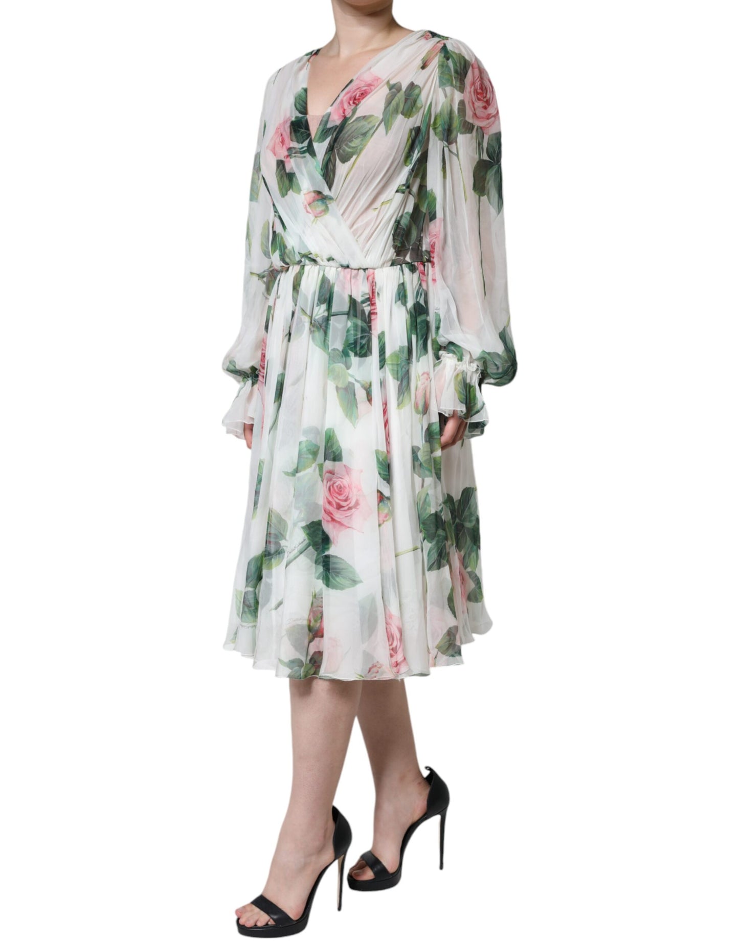 Weißes A-Linien-Midikleid aus Seide mit Blumenmuster