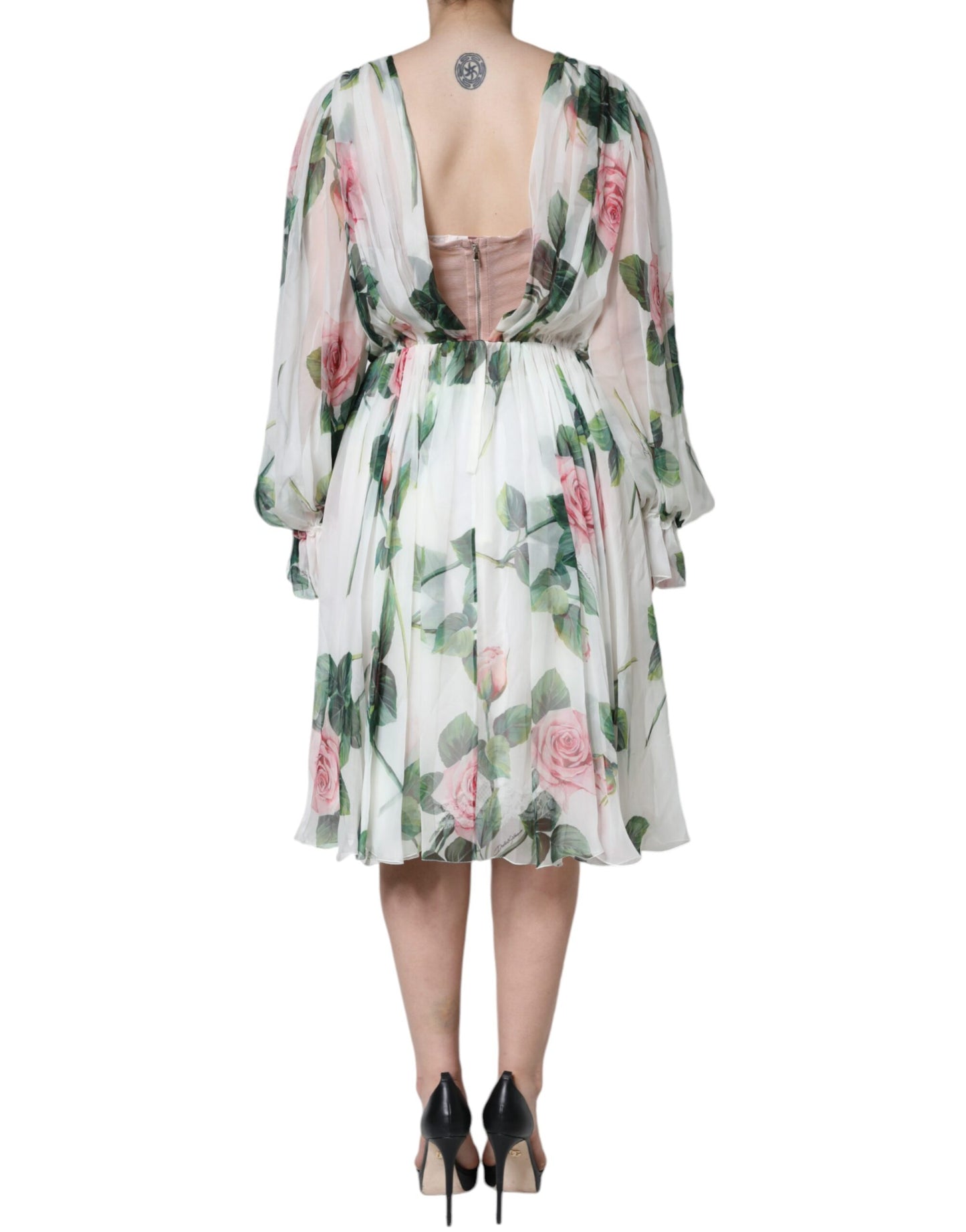 Weißes A-Linien-Midikleid aus Seide mit Blumenmuster