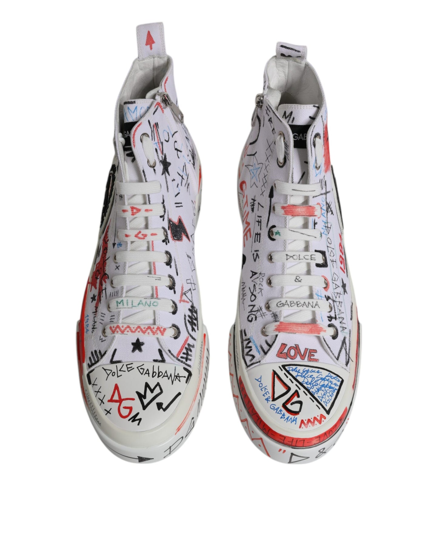 Weiße High-Top-Sneaker aus Baumwolle mit Graffiti-Motiv
