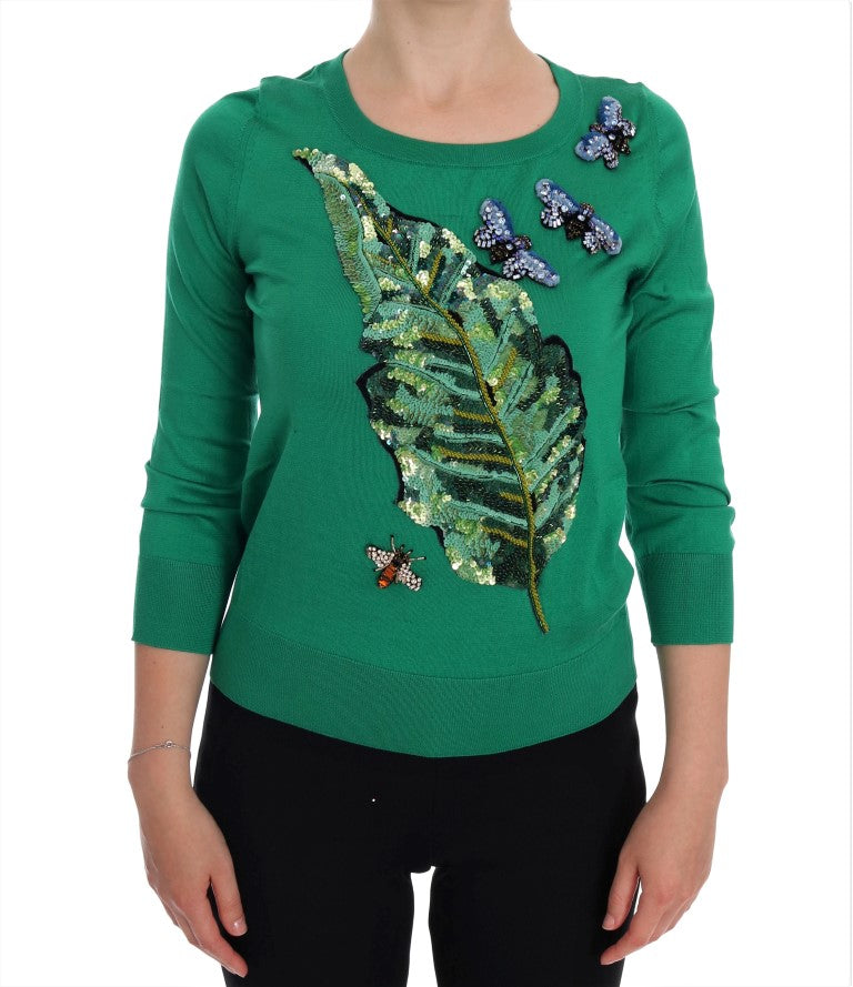 Grüner Seidenpullover mit Kristallbanane