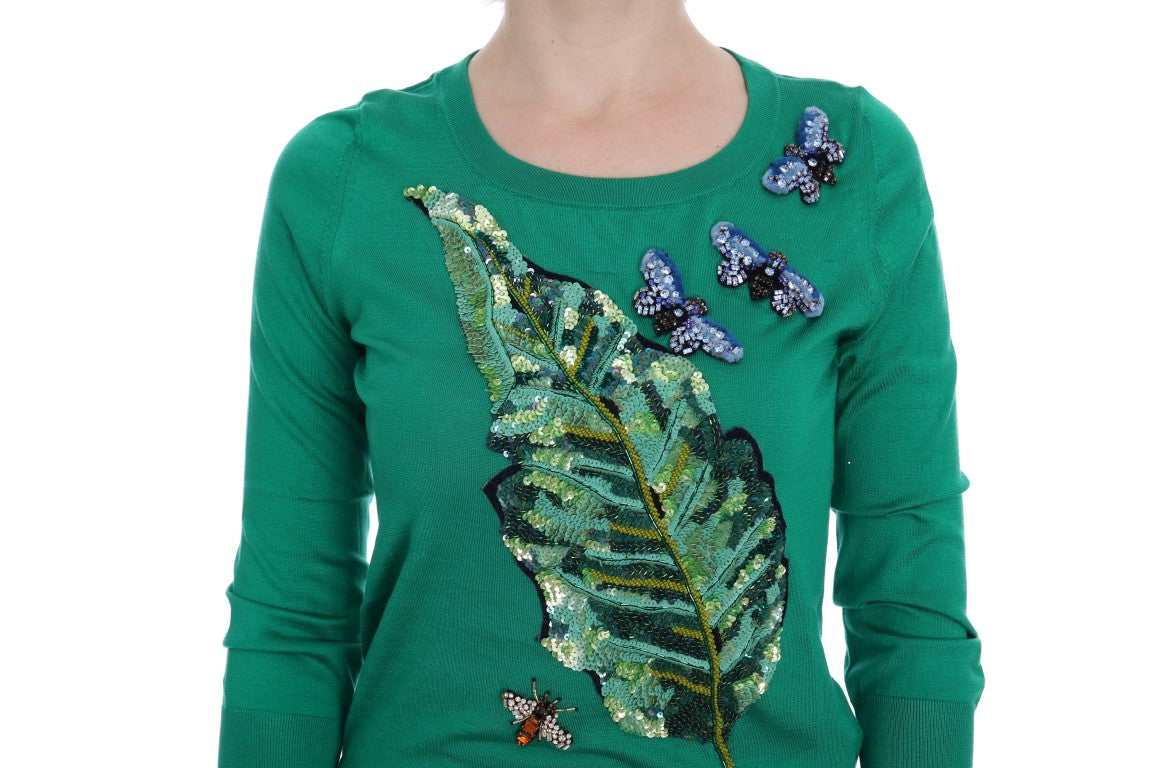 Grüner Seidenpullover mit Kristallbanane