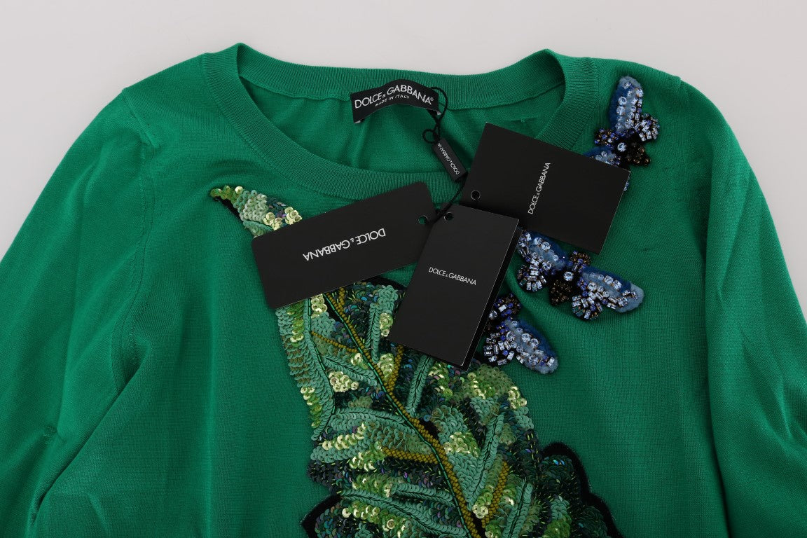 Grüner Seidenpullover mit Kristallbanane