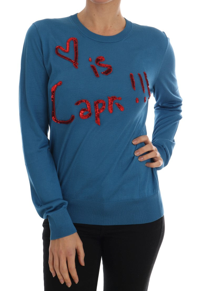 Blauer Pullover aus Seide „Love is“