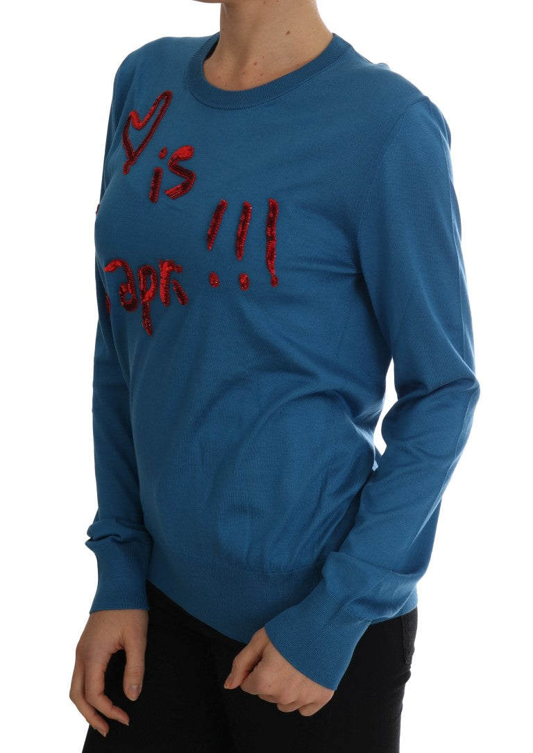 Blauer Pullover aus Seide „Love is“