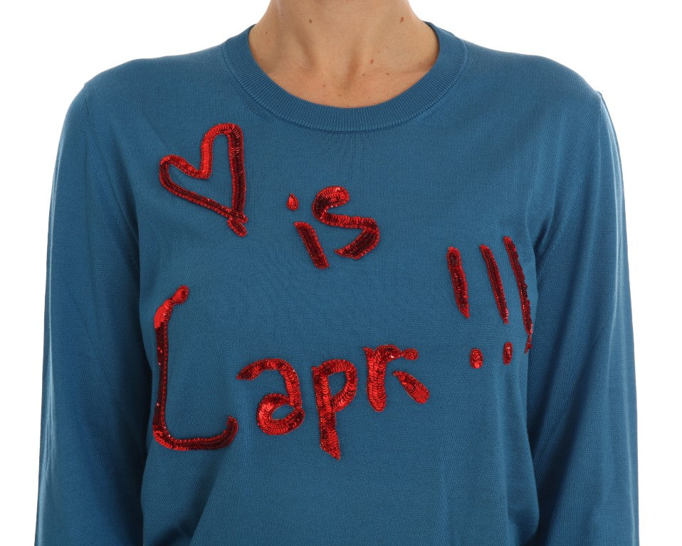 Blauer Pullover aus Seide „Love is“