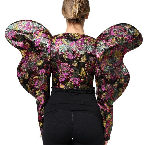 Kurze Jacquard-Jacke mit mehrfarbigem Blumenmuster