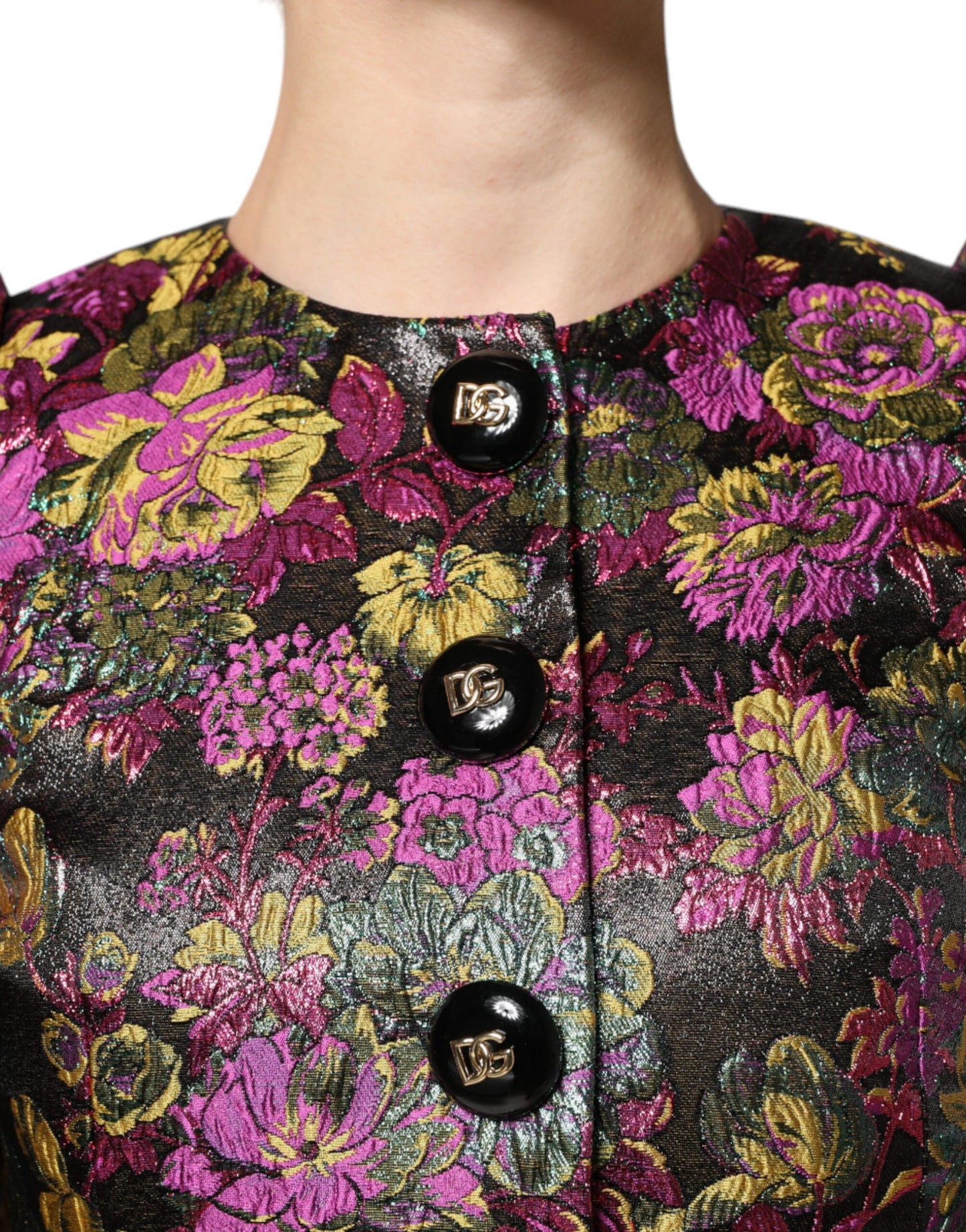 Kurze Jacquard-Jacke mit mehrfarbigem Blumenmuster