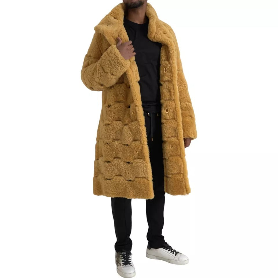 Gelbe, lange Teddy-Manteljacke aus Wolle