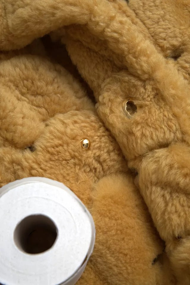 Gelbe, lange Teddy-Manteljacke aus Wolle