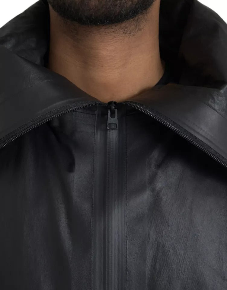 Schwarze Herren-Trenchcoatjacke aus Leder mit Kapuze