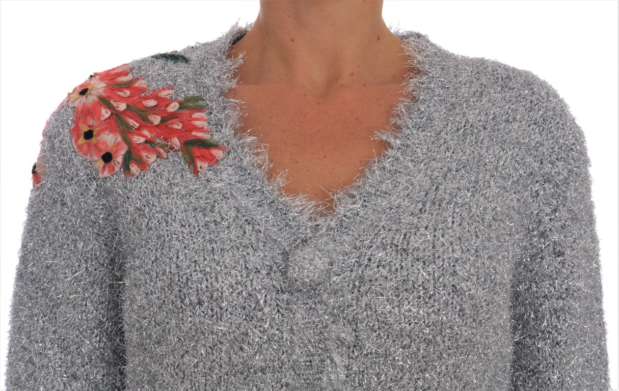 Silberner Cardigan mit Blumenapplikation