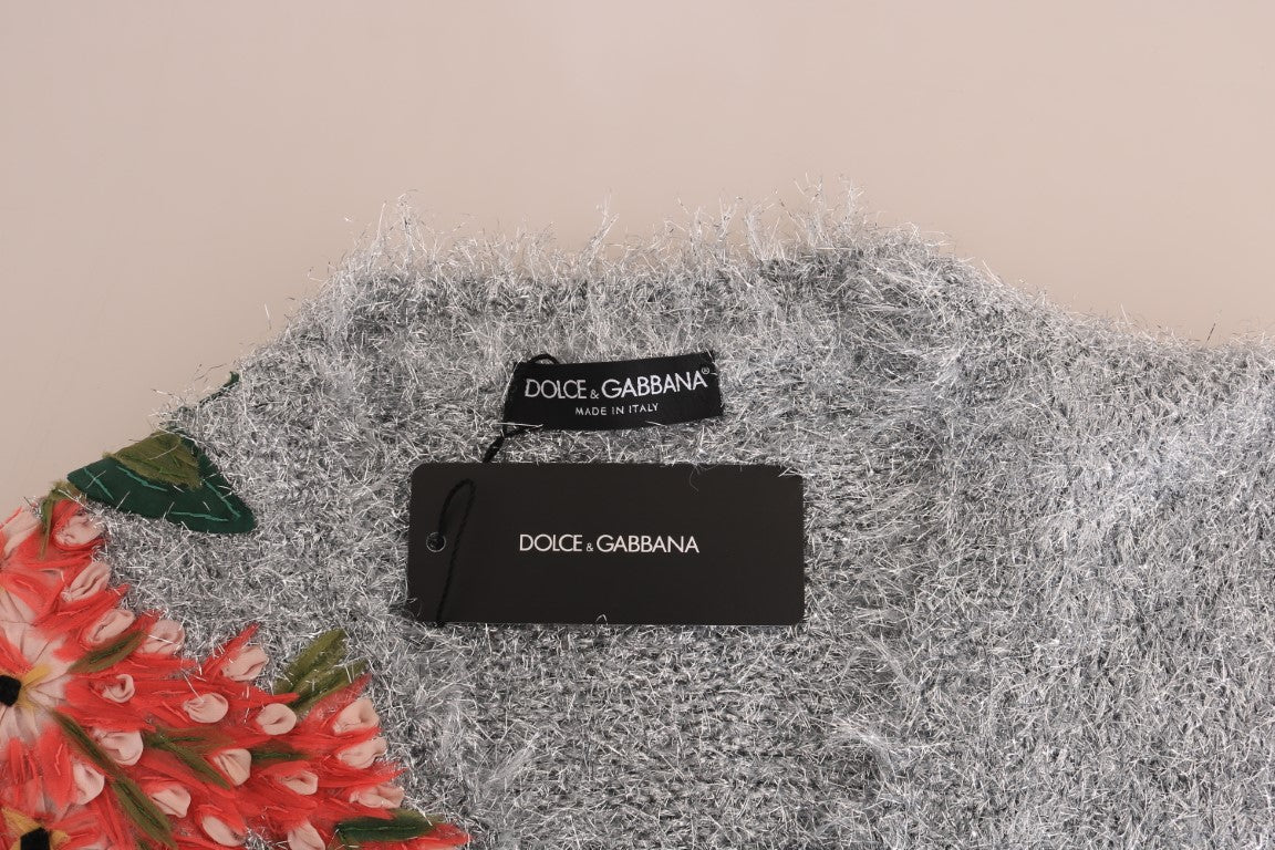 Silberner Cardigan mit Blumenapplikation
