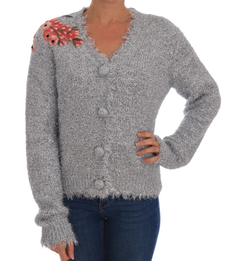 Silberner Cardigan mit Blumenapplikation
