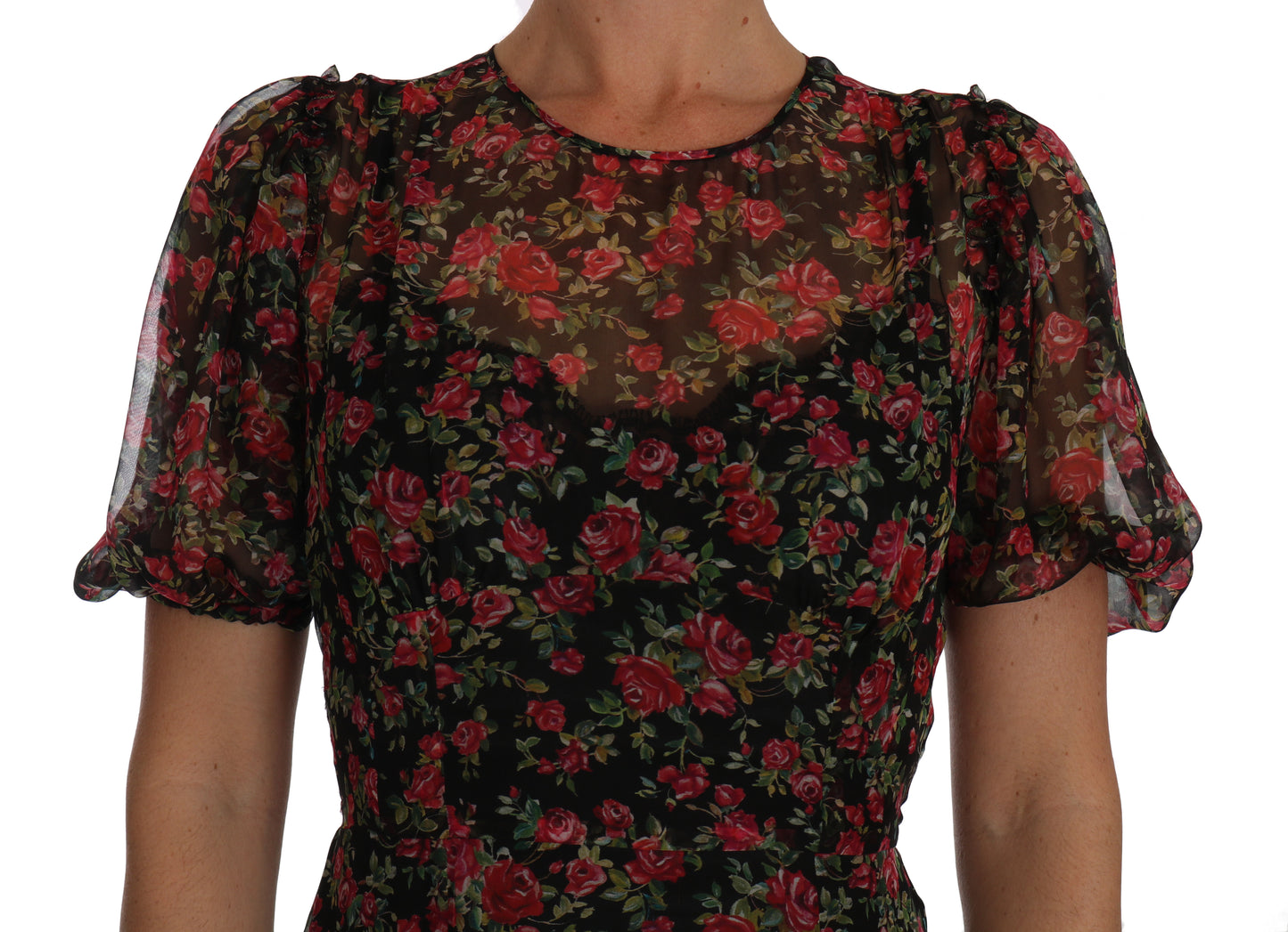 Schwarzes A-Linien-Etuikleid mit Blumenmuster und Rosen