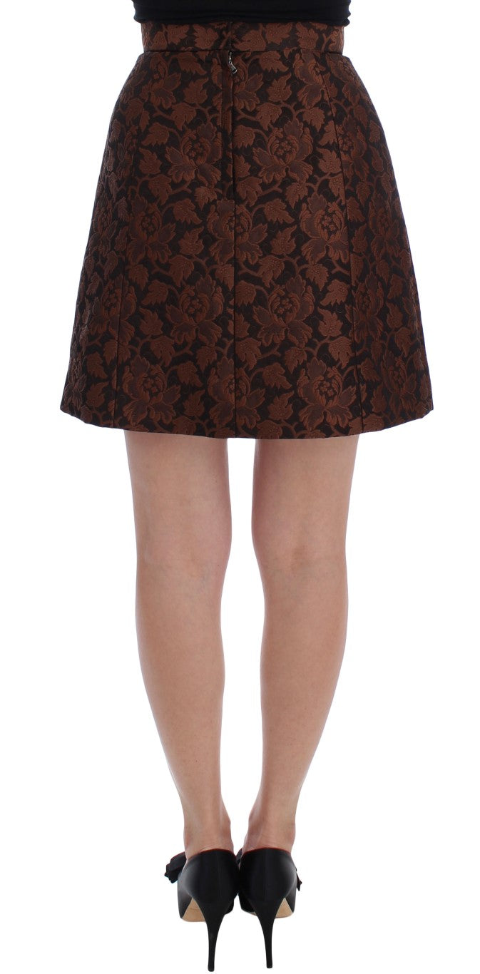 Brauner Mini-Balleronrock aus Brokat mit Blumenmuster