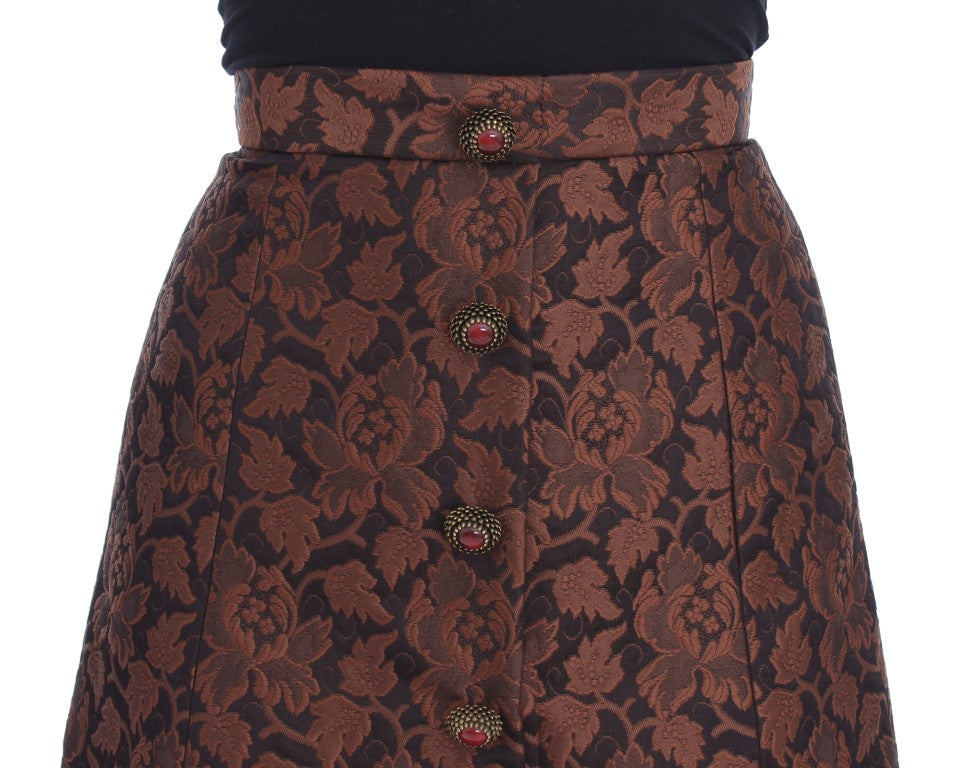 Brauner Mini-Balleronrock aus Brokat mit Blumenmuster