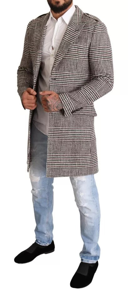 Grau karierte lange Trenchcoat-Jacke
