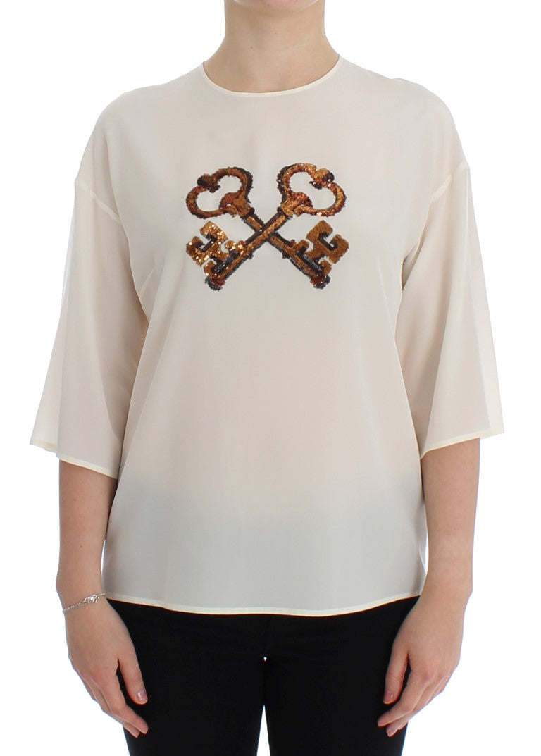 Weißes T-Shirt-Oberteil aus Seidenbluse mit Pailletten