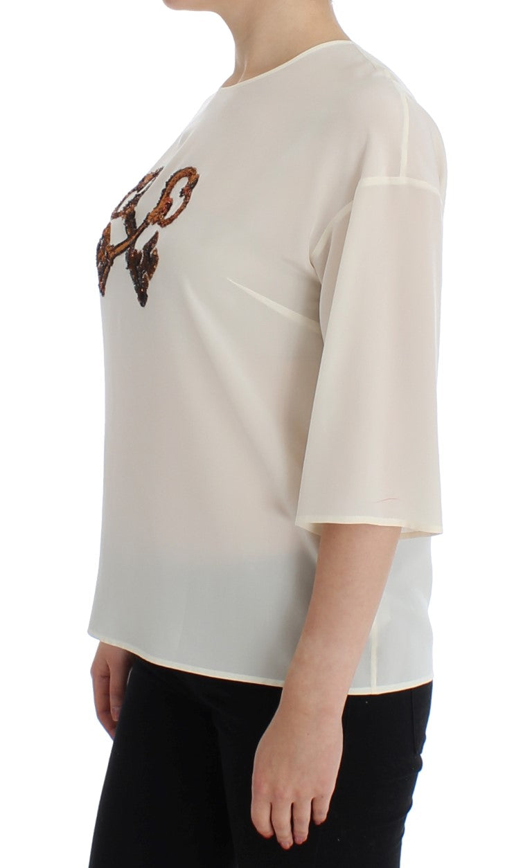 Weißes T-Shirt-Oberteil aus Seidenbluse mit Pailletten