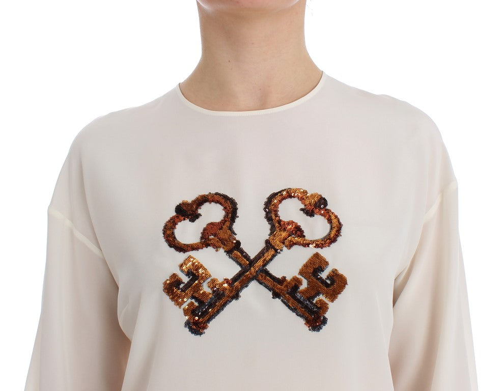 Weißes T-Shirt-Oberteil aus Seidenbluse mit Pailletten