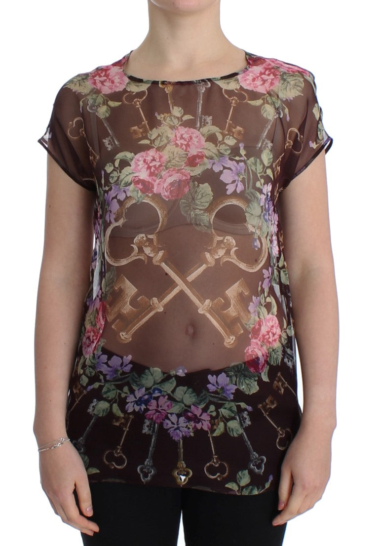Schwarzes Seidenblusen-T-Shirt mit Blumendruck