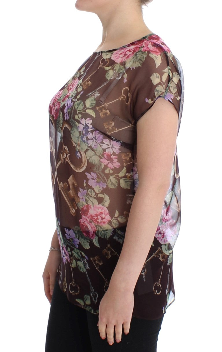 Schwarzes Seidenblusen-T-Shirt mit Blumendruck