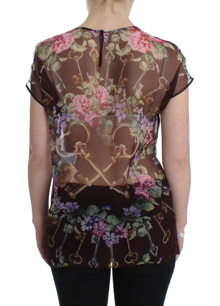 Schwarzes Seidenblusen-T-Shirt mit Blumendruck