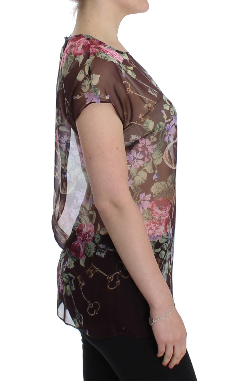 Schwarzes Seidenblusen-T-Shirt mit Blumendruck