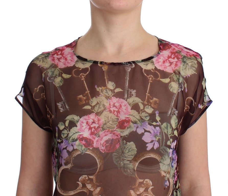 Schwarzes Seidenblusen-T-Shirt mit Blumendruck