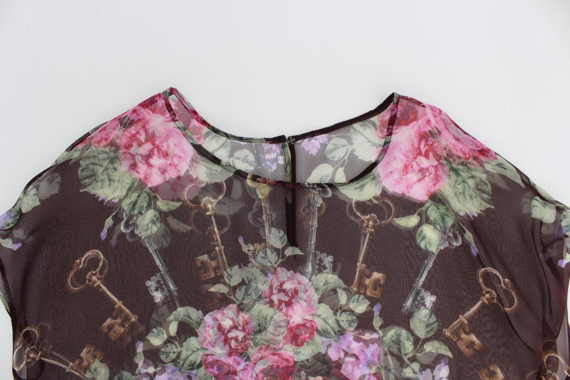 Schwarzes Seidenblusen-T-Shirt mit Blumendruck