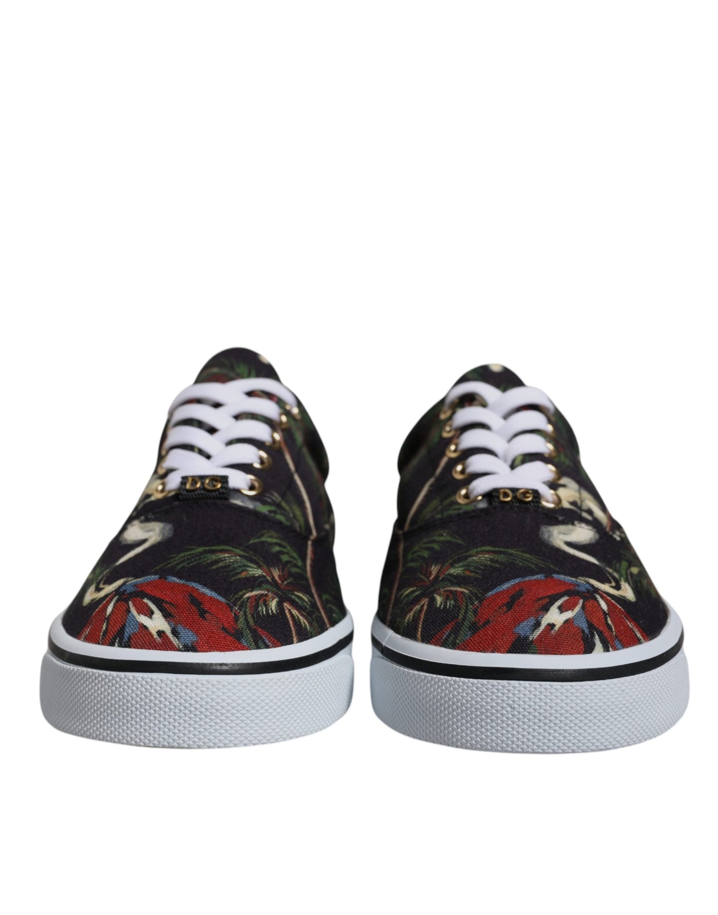 Schwarze Low Top Sneakers mit tropischem Print