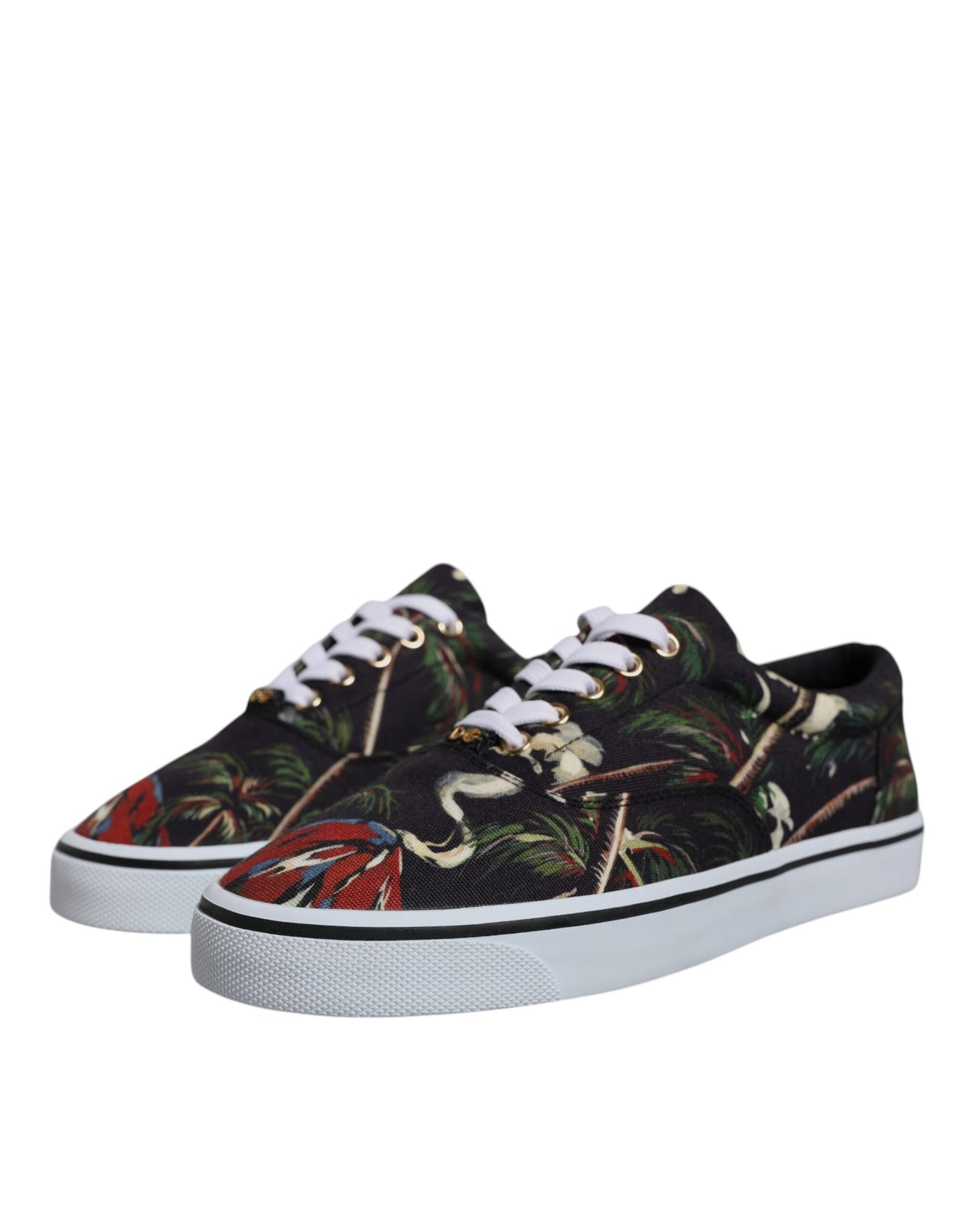 Schwarze Low Top Sneakers mit tropischem Print