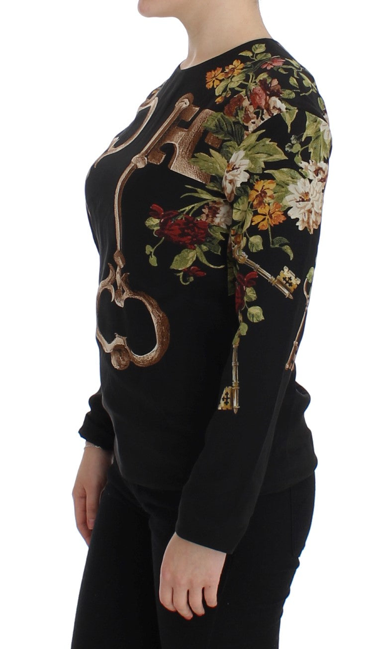Schwarzes Seidenblusentop mit Blumenmuster